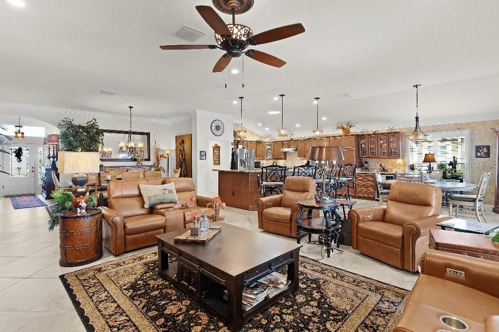 Chandelier, Dining room, Interior, Kitchen, Living room, Pendant Lights, Recessed Lighting, Stainless Steel Appliances