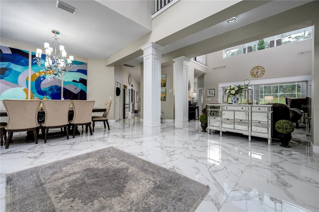 Chandelier, Dining room, Interior, Marble, Recessed Lighting