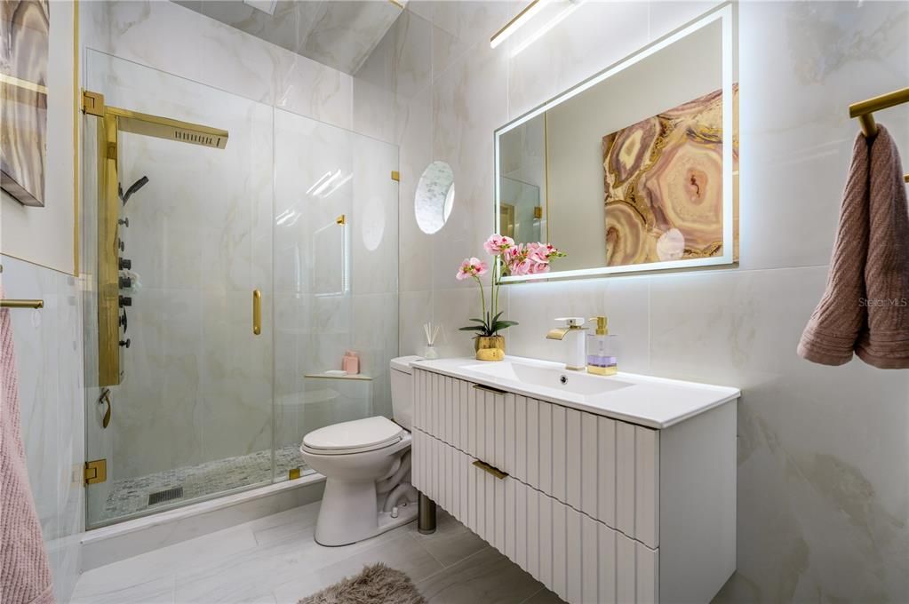 Bathroom, Glass Shower, Interior, Marble Walls