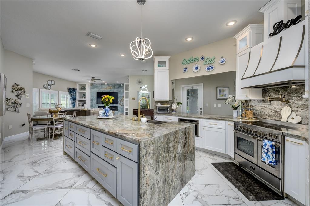 Dining room, Interior, Kitchen, Marble, Pendant Lights, Recessed Lighting, Stainless Steel Appliances