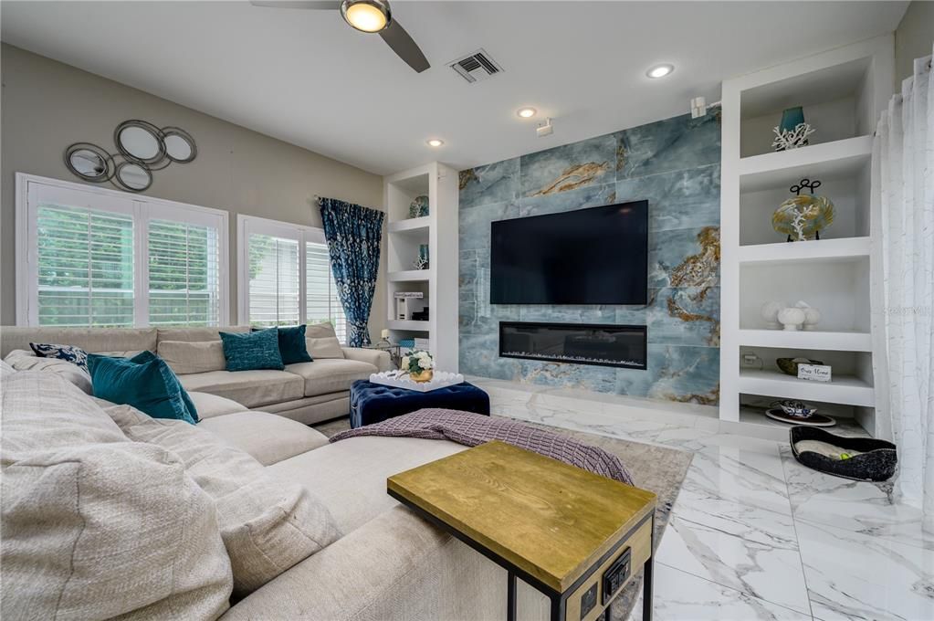 Fireplace, Interior, Living room, Marble, Recessed Lighting