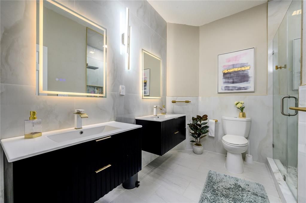 Bathroom, Dual Sink Vanities, Glass Shower, Interior, Marble