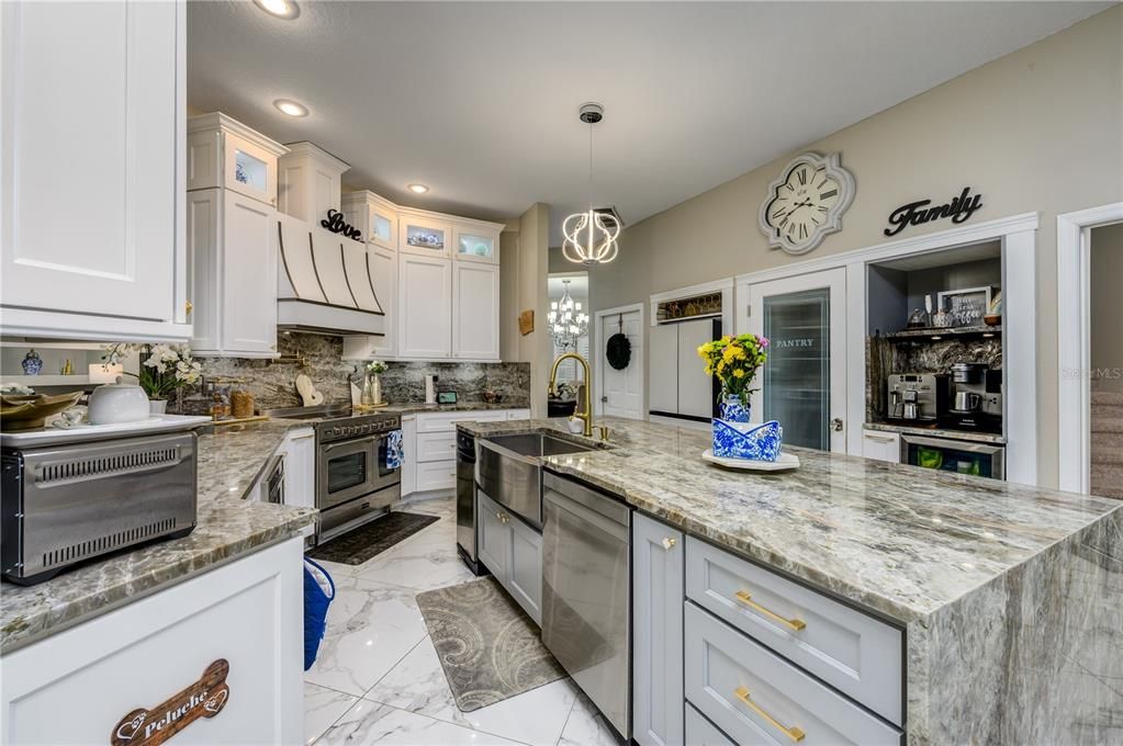 Interior, Kitchen, Marble, Pendant Lights, Recessed Lighting, Stainless Steel Appliances