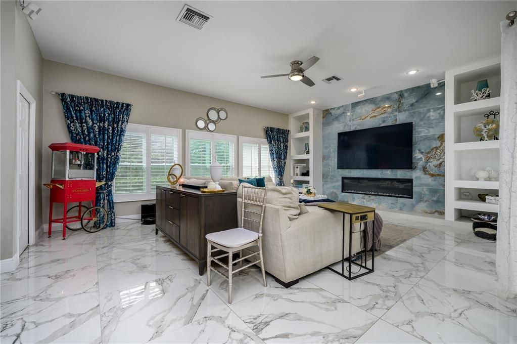 Fireplace, Interior, Living room, Marble, Recessed Lighting