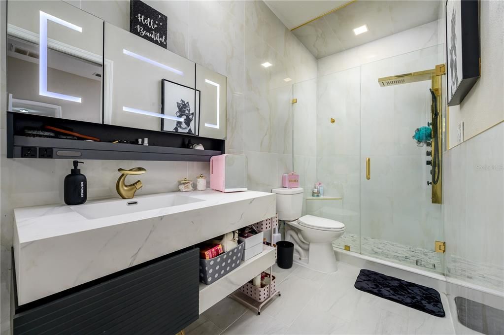 Bathroom, Glass Shower, Interior, Marble, Marble Walls, Recessed Lighting