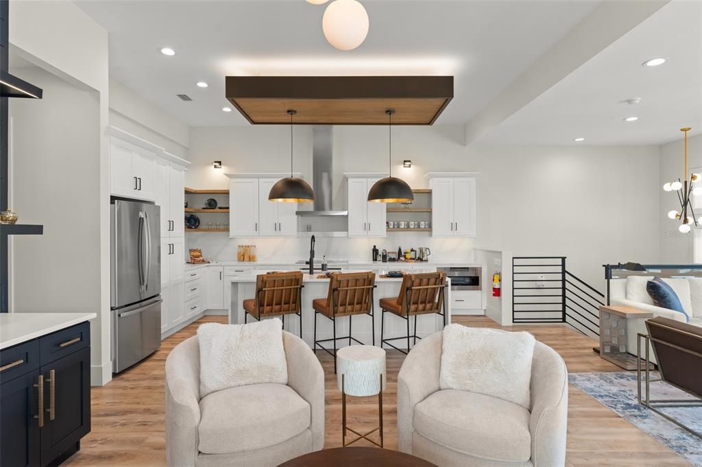 Interior, Kitchen, Pendant Lights, Recessed Lighting, Stainless Steel Appliances, Wood Texture Flooring