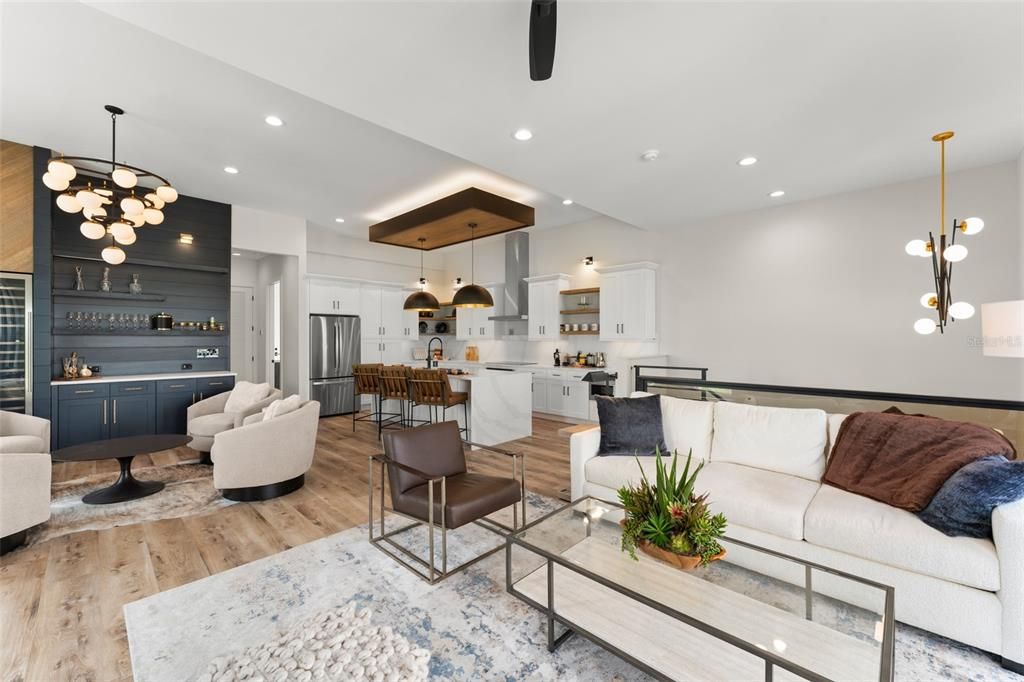 Interior, Kitchen, Living room, Pendant Lights, Recessed Lighting, Stainless Steel Appliances, Wood Texture Flooring