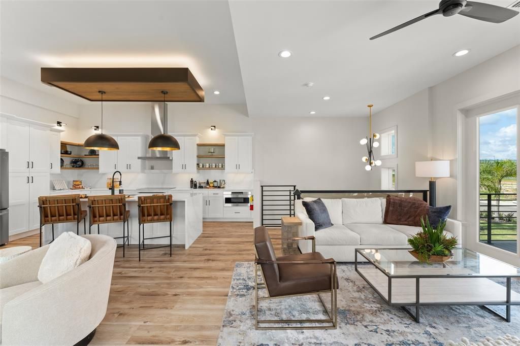 Interior, Kitchen, Living room, Pendant Lights, Recessed Lighting, Stainless Steel Appliances, Wood Texture Flooring