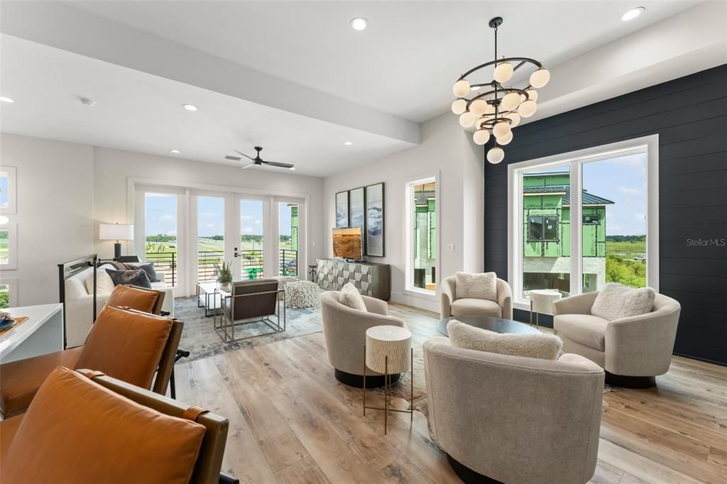 Interior, Living room, Pendant Lights, Recessed Lighting, Wood Texture Flooring