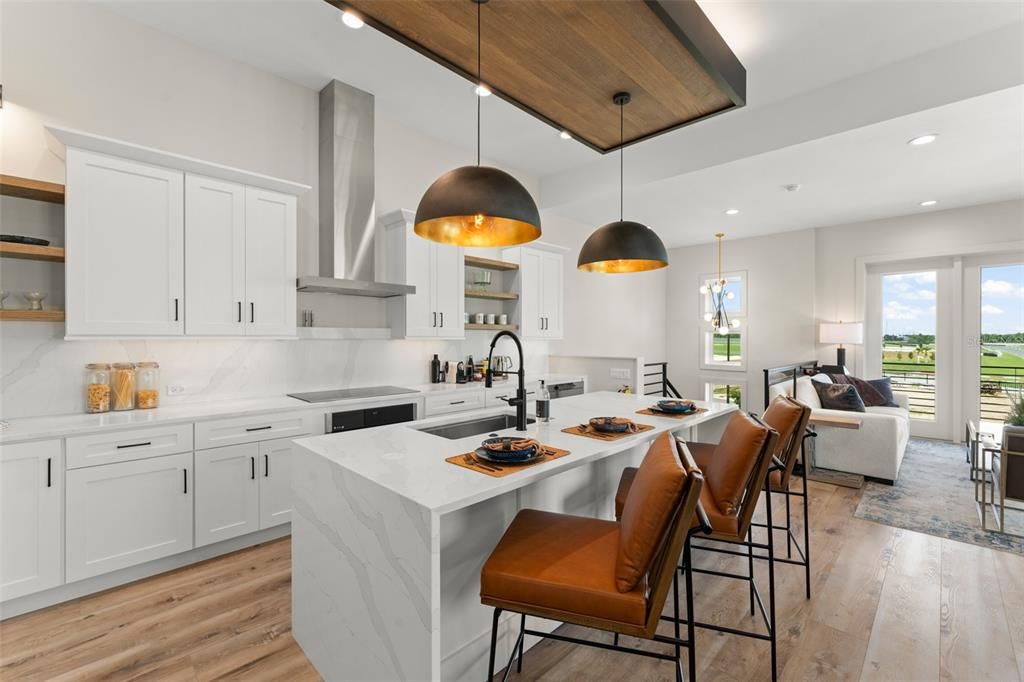 Interior, Kitchen, Living room, Pendant Lights, Recessed Lighting, Stainless Steel Appliances, Wood Texture Flooring