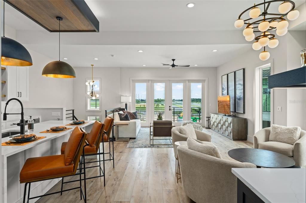 Interior, Kitchen, Living room, Pendant Lights, Recessed Lighting, Wood Texture Flooring