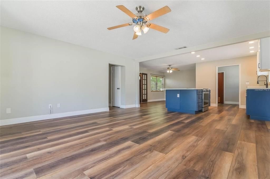 Empty room, Interior, Kitchen, Recessed Lighting, Wood Texture Flooring