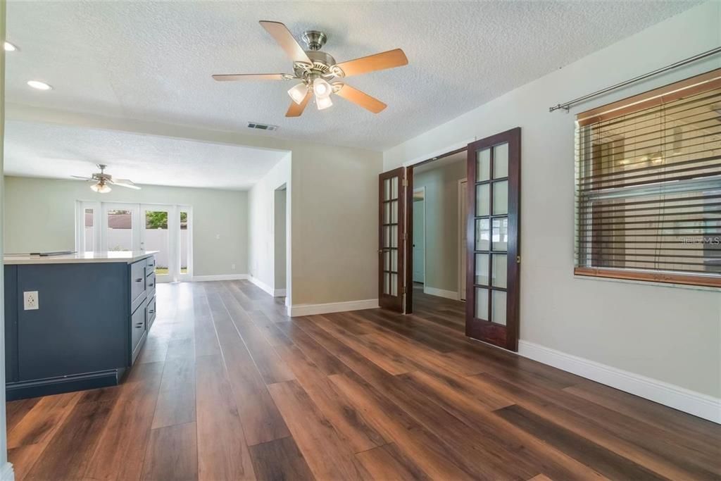 Empty room, Interior, Kitchen, Recessed Lighting, Wood Texture Flooring