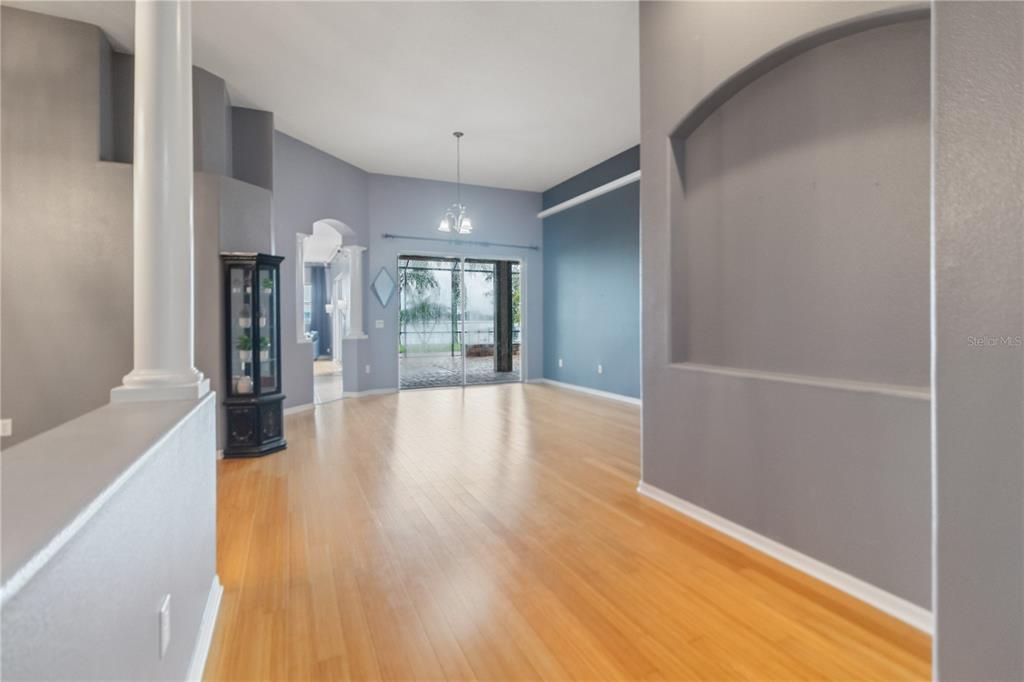 Chandelier, Empty room, Interior, Pendant Lights, Wood Texture Flooring