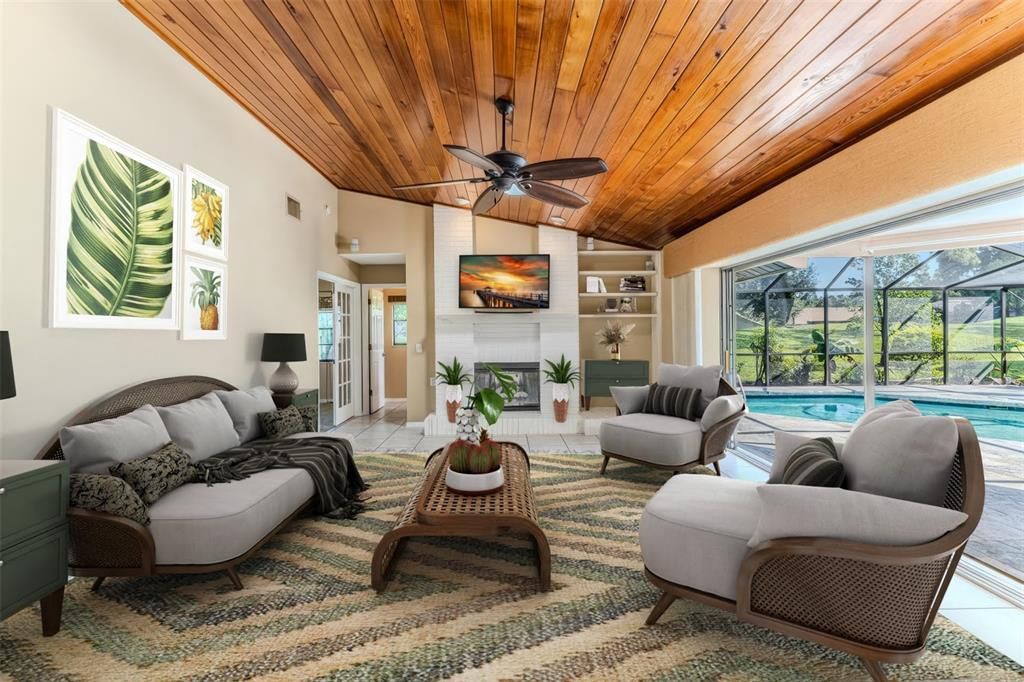 Fireplace, Interior, Living room, Pool, Sun Room, Wooden Ceilings