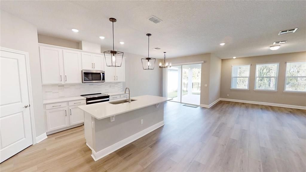 Chandelier, Interior, Kitchen, Pendant Lights, Recessed Lighting, Wood Texture Flooring