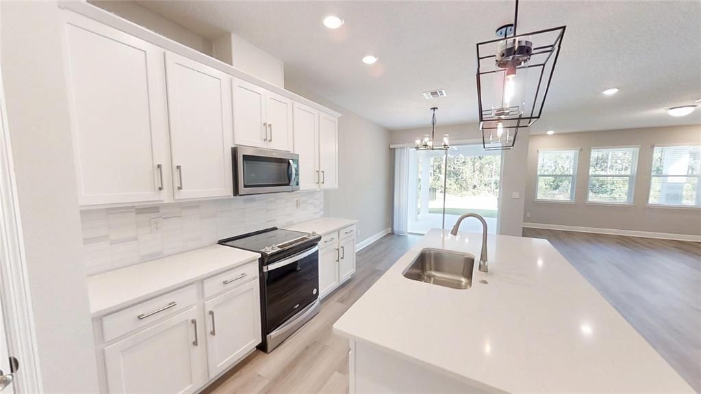 Chandelier, Interior, Kitchen, Pendant Lights, Recessed Lighting, Wood Texture Flooring