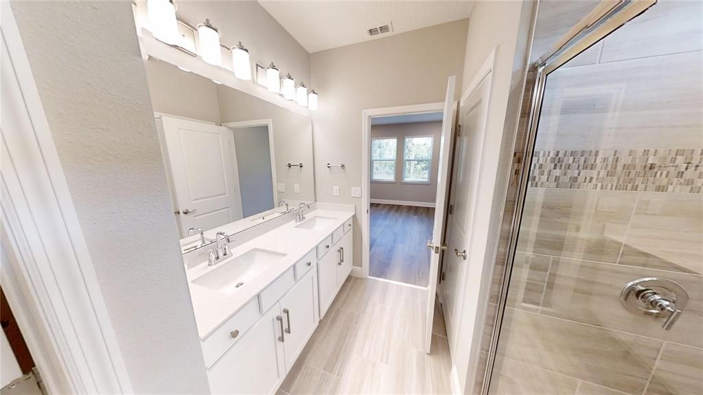 Bathroom, Dual Sink Vanities, Glass Shower, Interior, Wood Texture Flooring