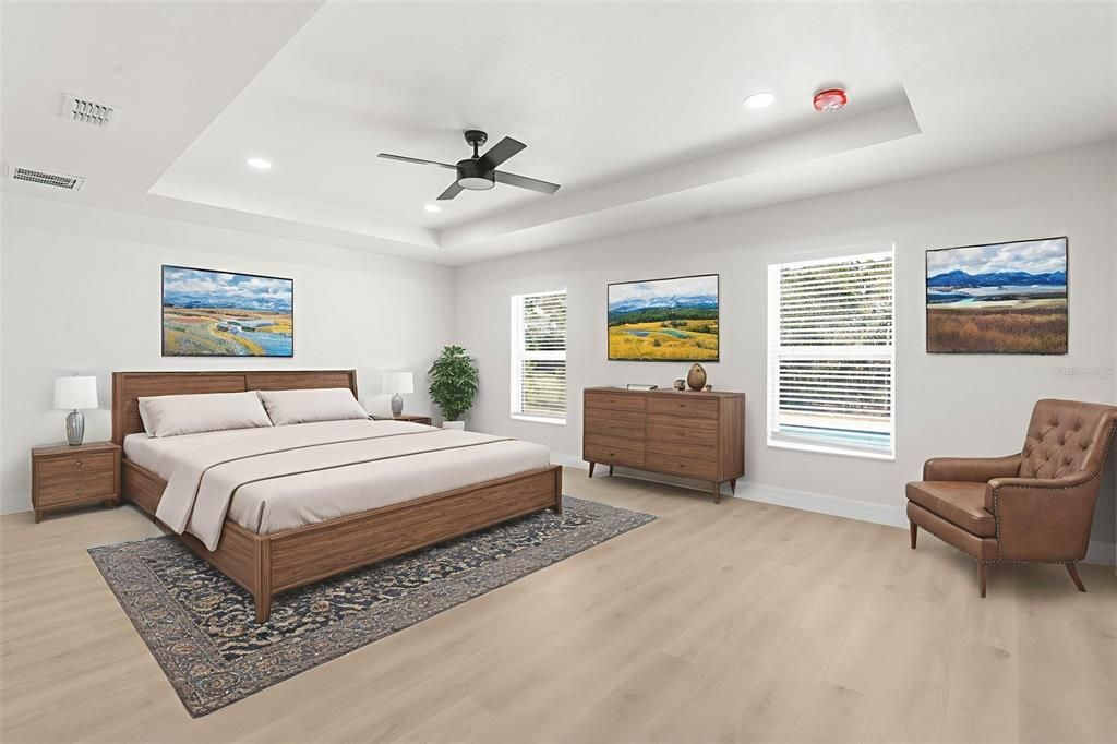 Bedroom, Interior, Recessed Lighting, Wood Texture Flooring