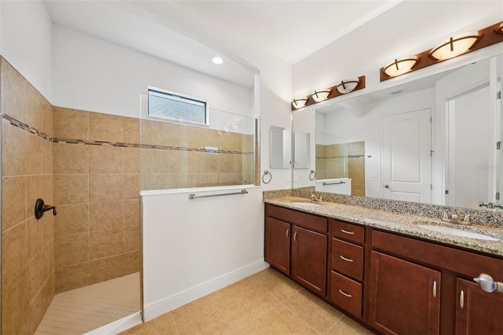 Bathroom, Dual Sink Vanities, Glass Shower, Interior, Recessed Lighting
