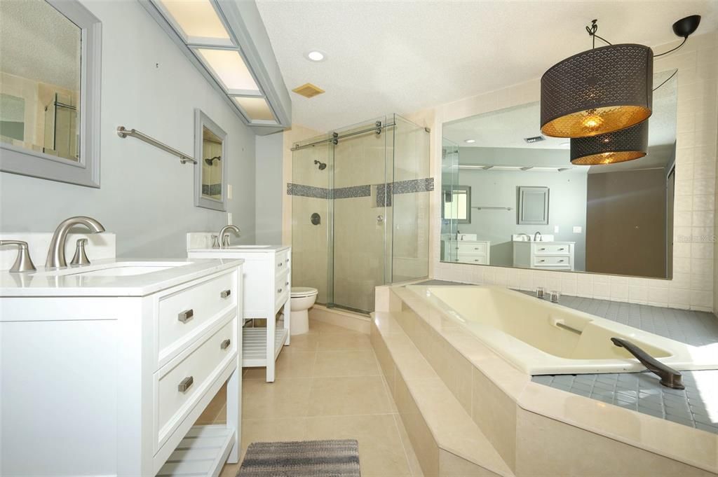 Bathroom, Dual Sink Vanities, Glass Shower, Interior, Recessed Lighting