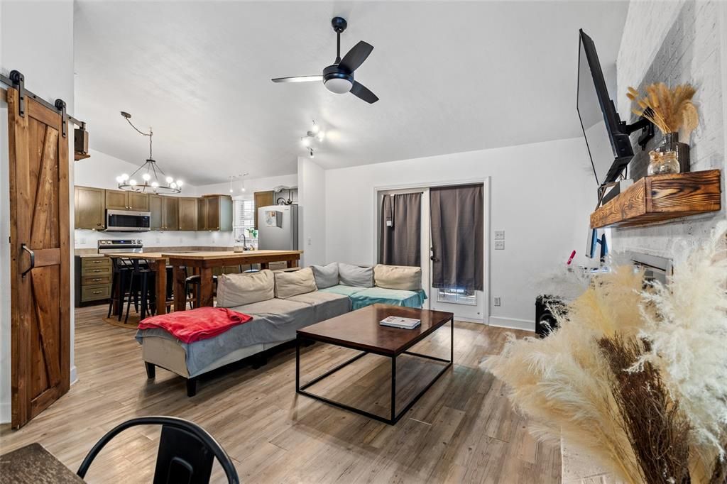 Chandelier, Interior, Kitchen, Living room, Pendant Lights, Stainless Steel Appliances, Wood Texture Flooring