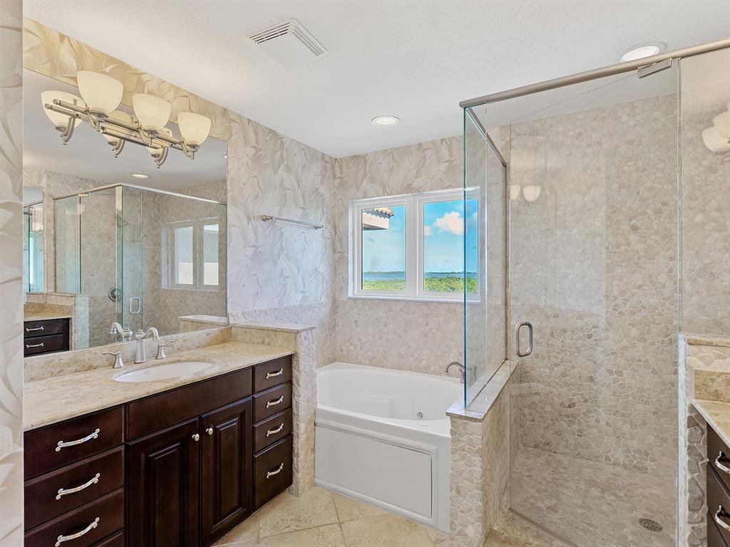 Bathroom, Glass Shower, Interior, Marble Walls, Recessed Lighting