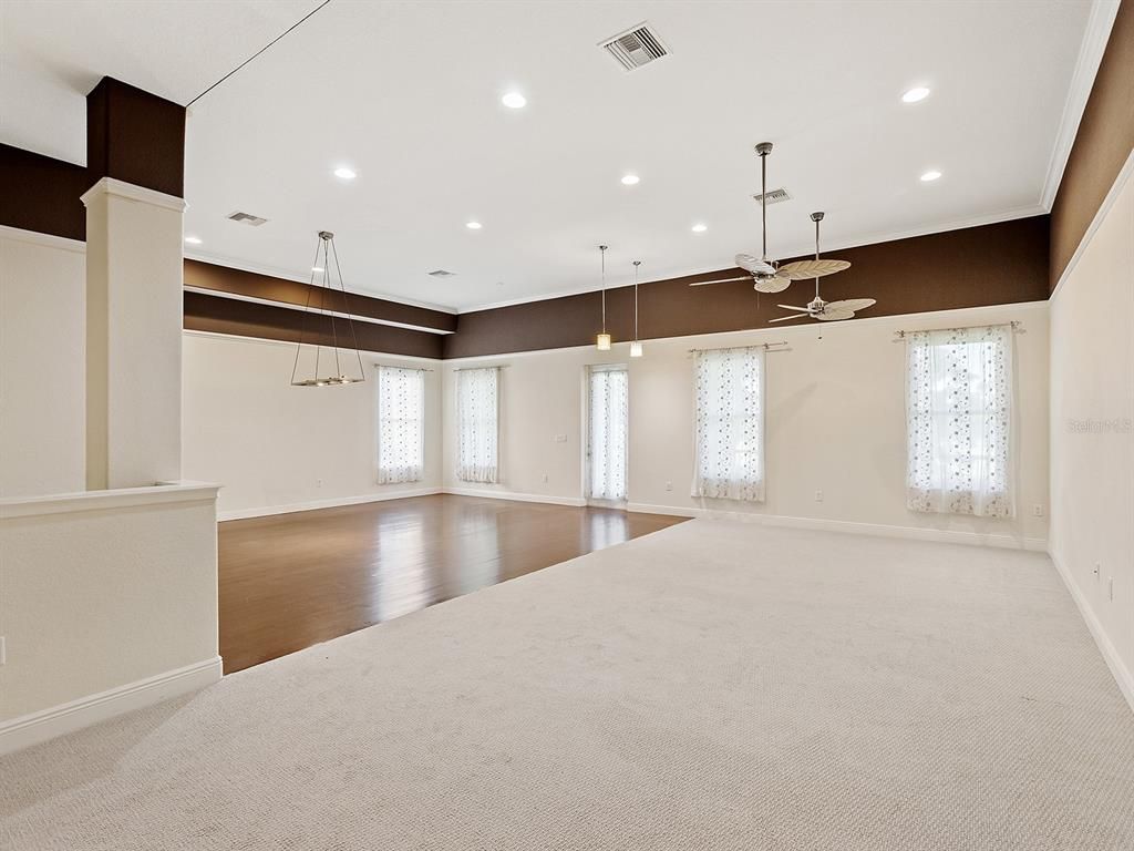 Empty room, Interior, Pendant Lights, Recessed Lighting, Wood Texture Flooring