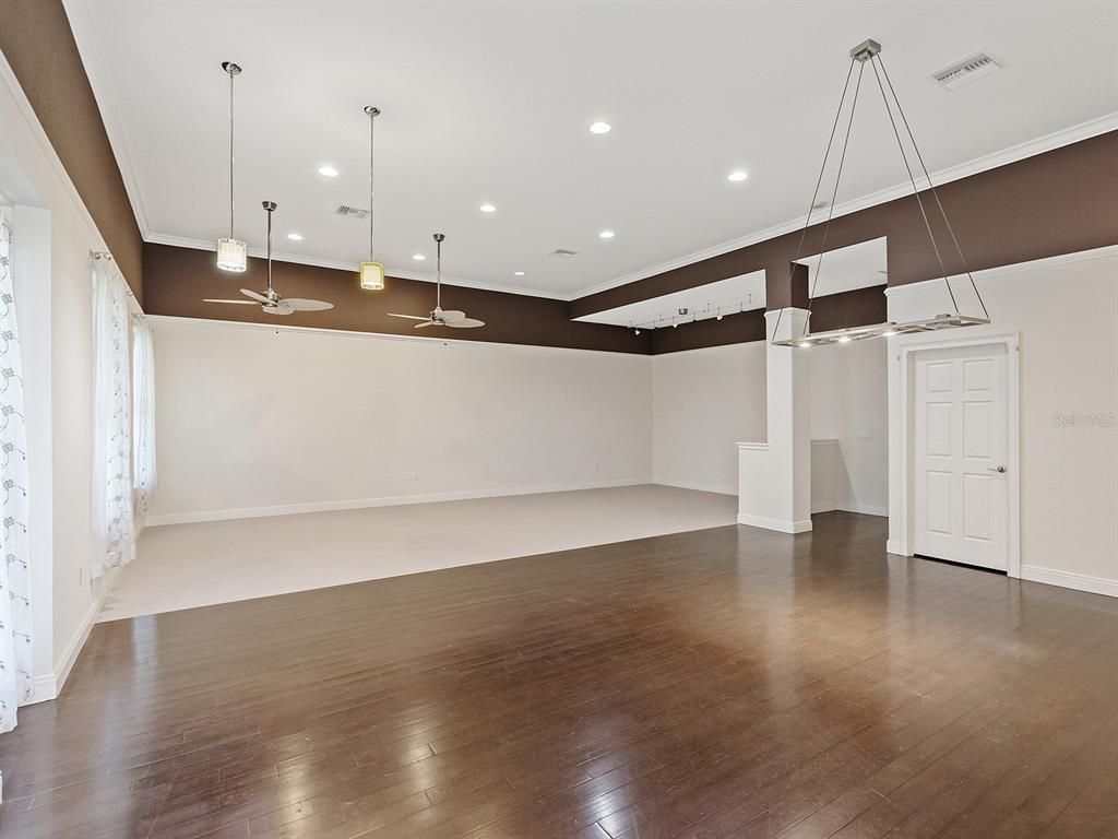 Empty room, Interior, Pendant Lights, Recessed Lighting, Wood Texture Flooring