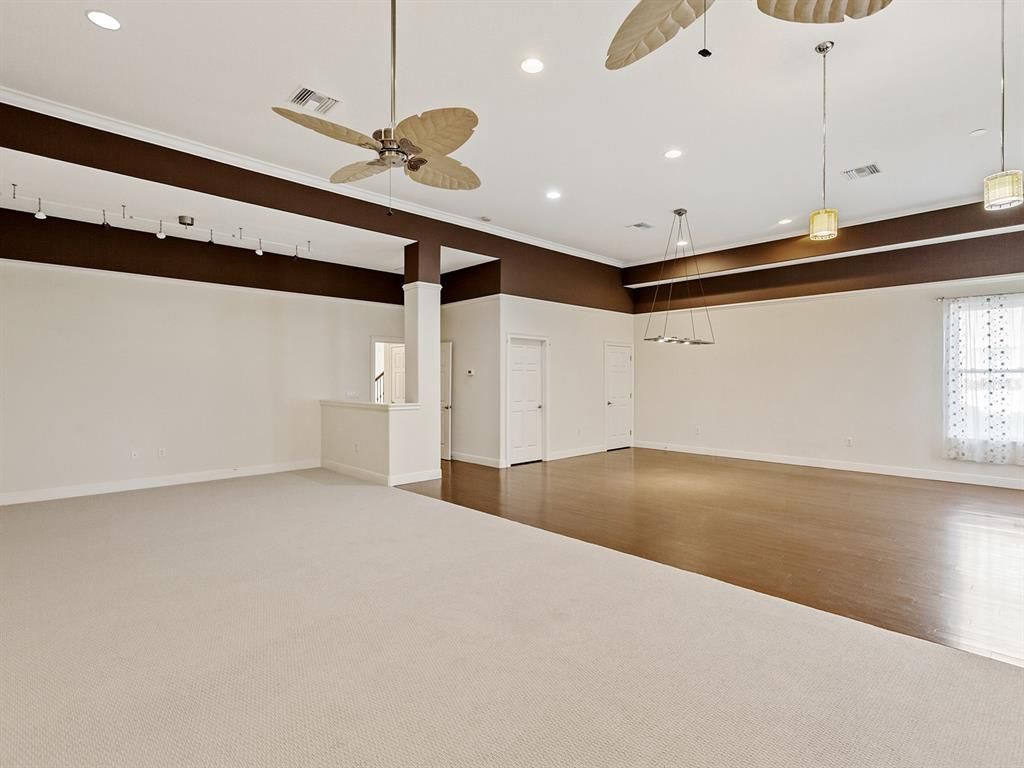 Empty room, Interior, Pendant Lights, Recessed Lighting, Wood Texture Flooring