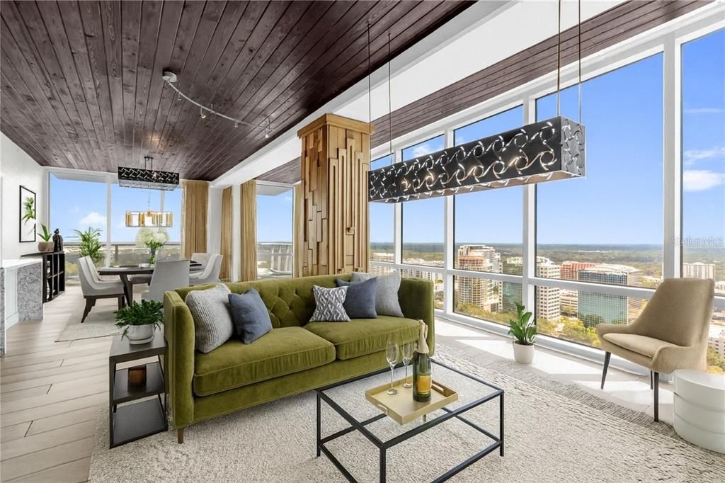 Dining room, Interior, Living room, Pendant Lights, Wooden Ceilings, Wood Texture Flooring
