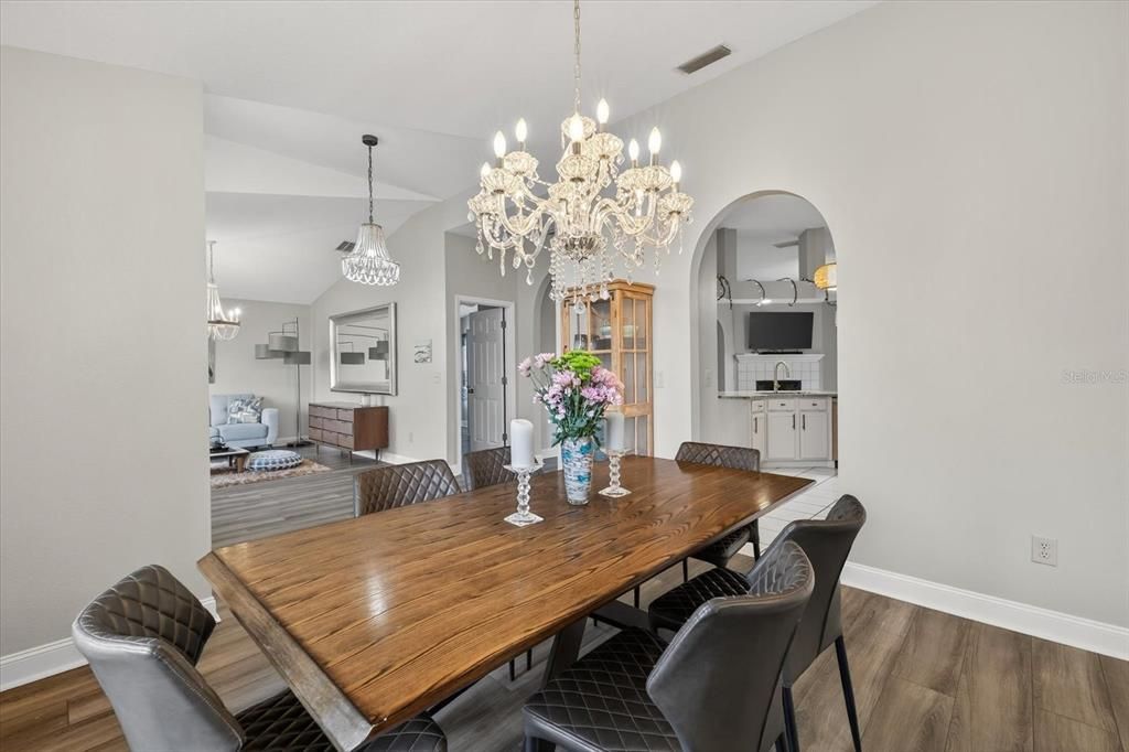 Chandelier, Dining room, Interior, Pendant Lights, Wood Texture Flooring