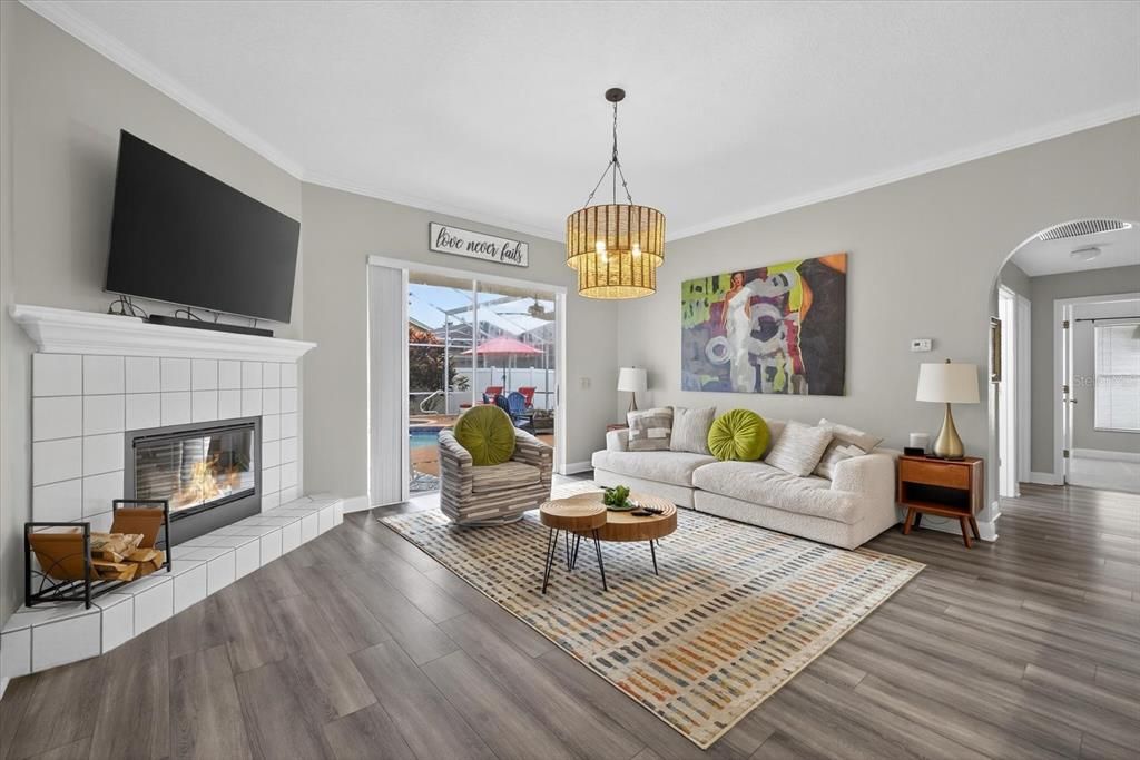 Fireplace, Interior, Living room, Pendant Lights, Wood Texture Flooring