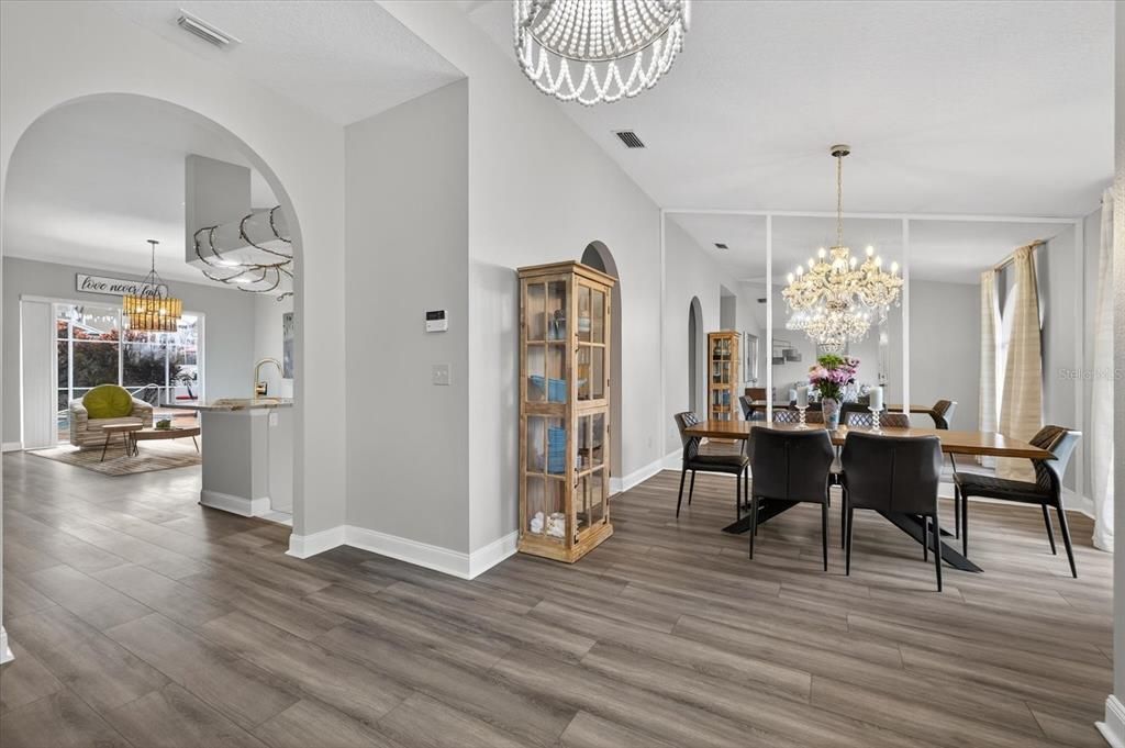 Chandelier, Dining room, Interior, Pendant Lights, Wood Texture Flooring