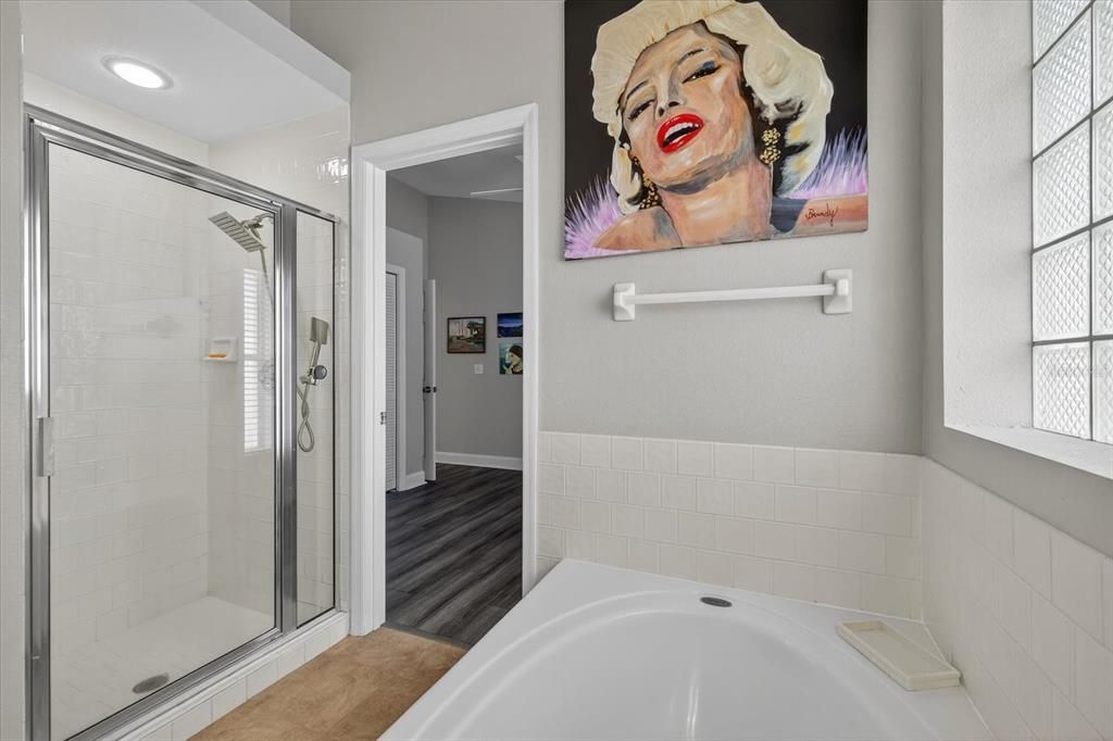 Bathroom, Glass Shower, Interior, Recessed Lighting, Wood Texture Flooring