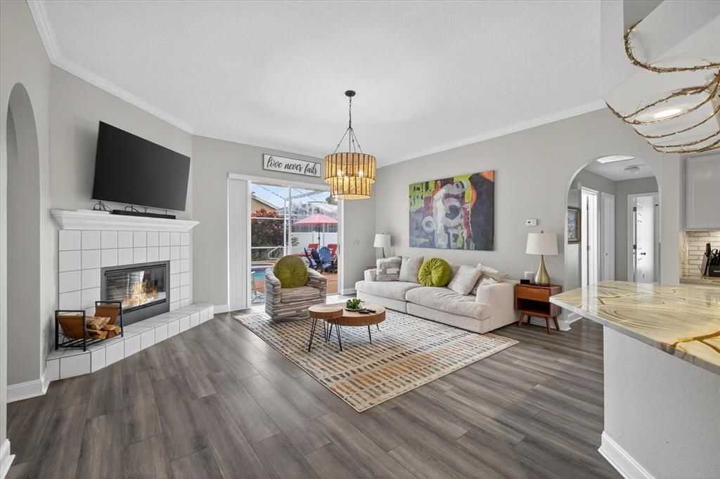 Chandelier, Fireplace, Interior, Living room, Pendant Lights, Wood Texture Flooring