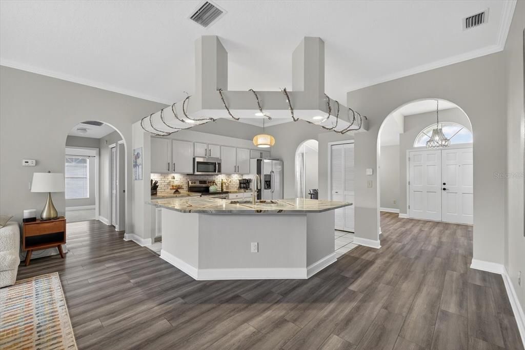 Interior, Kitchen, Pendant Lights, Stainless Steel Appliances, Wood Texture Flooring