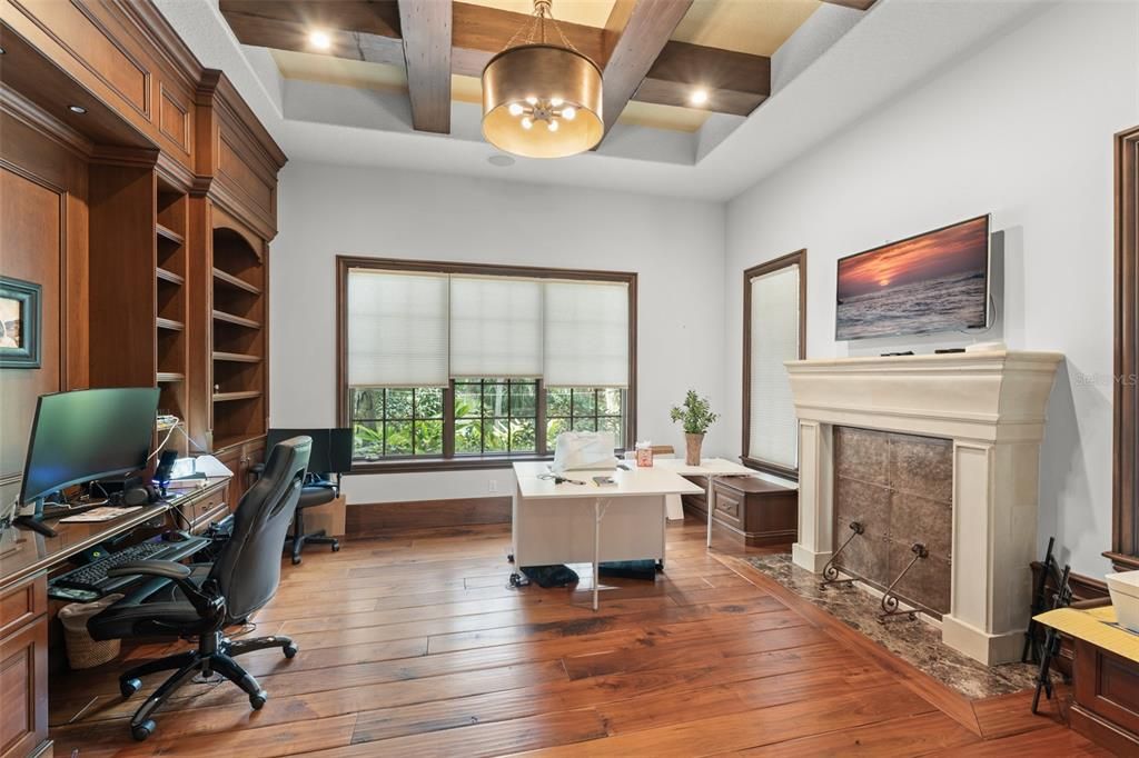 Fireplace, Home Office, Interior, Pendant Lights, Recessed Lighting, Wooden Beams, Wood Texture Flooring