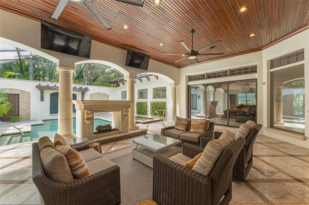 Fireplace, Interior, Living room, Pool, Recessed Lighting, Sun Room