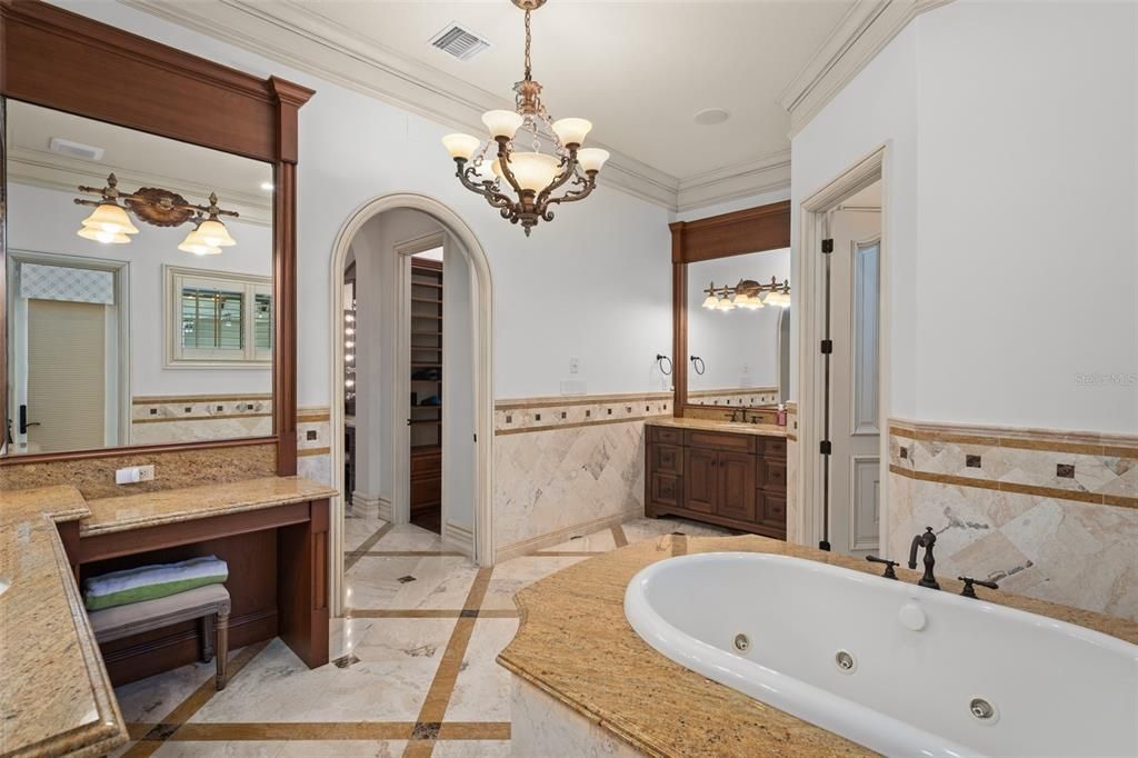 Bathroom, Chandelier, Dual Sink Vanities, Interior, Marble, Pendant Lights