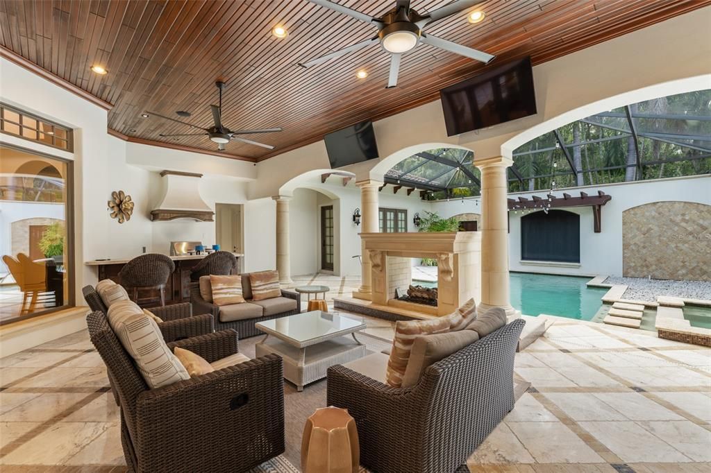 Fireplace, Interior, Living room, Pool, Recessed Lighting