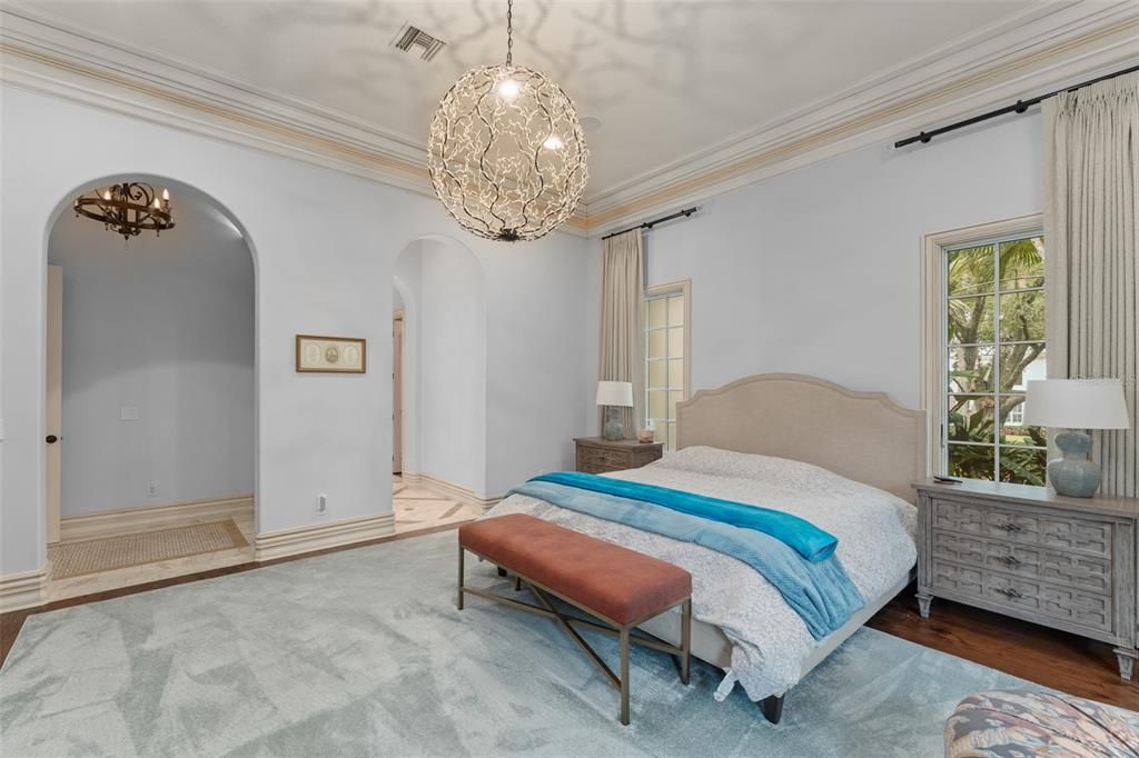 Bedroom, Interior, Pendant Lights, Wood Texture Flooring