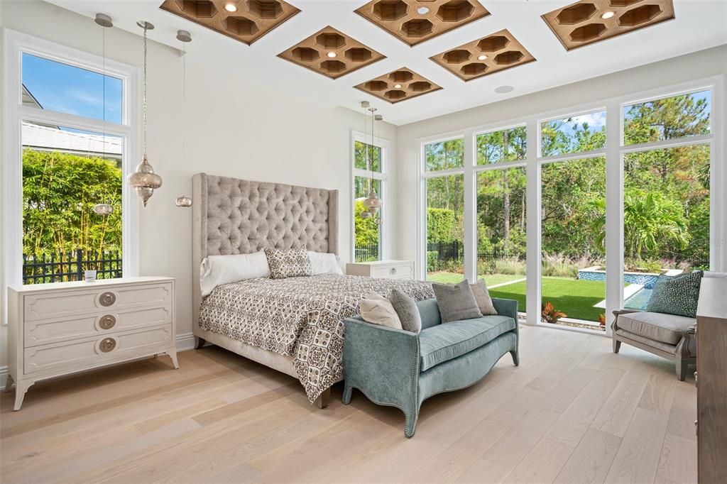 Bedroom, Interior, Pendant Lights, Wood Texture Flooring