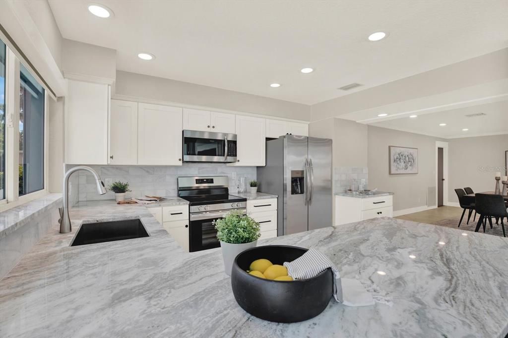 Interior, Kitchen, Marble, Recessed Lighting, Stainless Steel Appliances