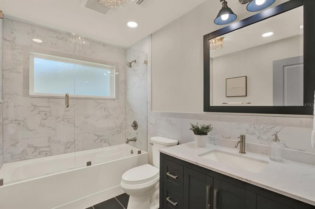 Bathroom, Glass Shower, Interior, Marble Walls, Recessed Lighting