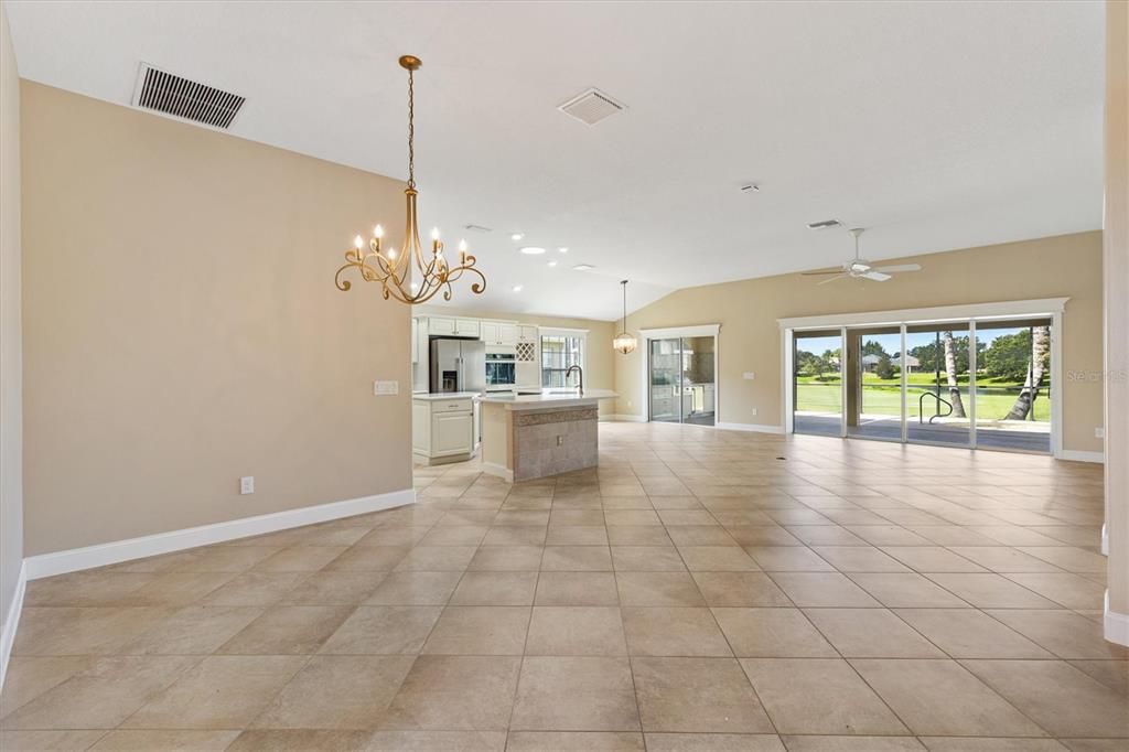 Chandelier, Empty room, Interior, Kitchen, Pendant Lights, Recessed Lighting, Stainless Steel Appliances