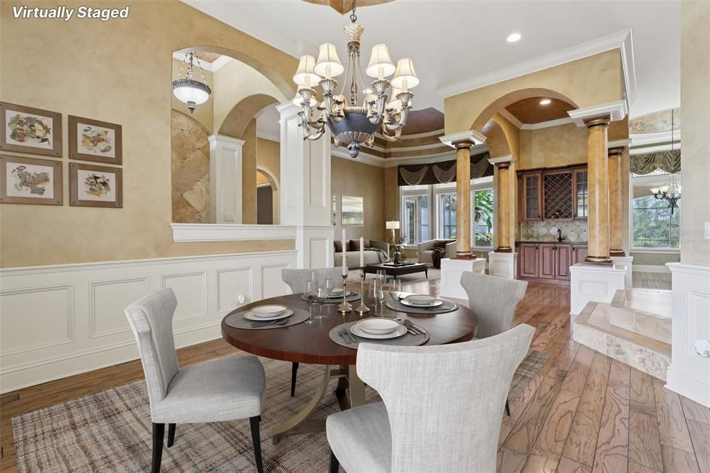 Chandelier, Dining room, Interior, Recessed Lighting, Wood Texture Flooring
