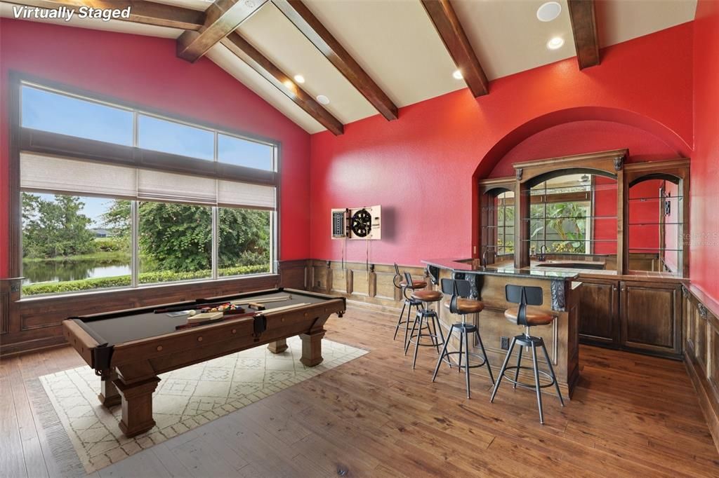 Billiard Table, Game Room, Interior, Recessed Lighting, Wooden Beams, Wood Texture Flooring