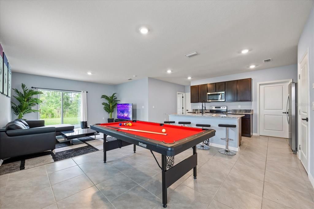 Billiard Table, Game Room, Interior, Kitchen, Living room, Recessed Lighting, Stainless Steel Appliances