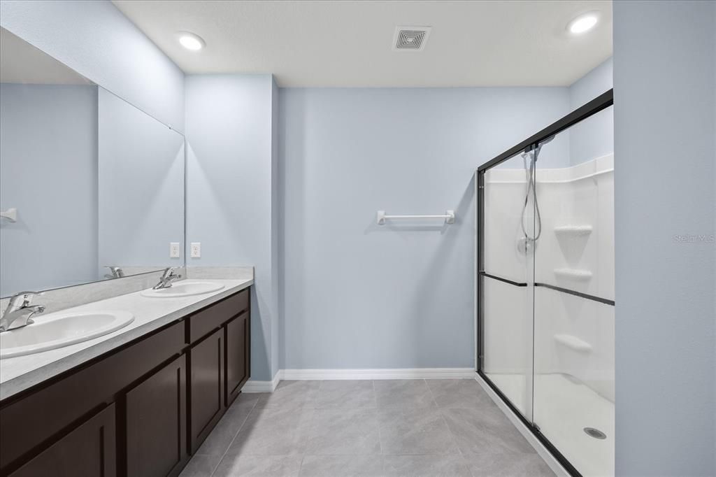 Bathroom, Dual Sink Vanities, Glass Shower, Interior, Recessed Lighting